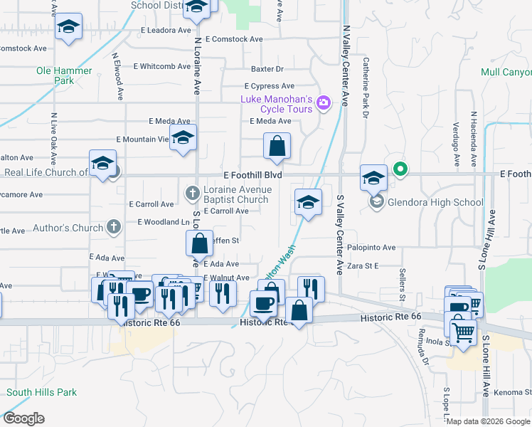 map of restaurants, bars, coffee shops, grocery stores, and more near 211 South San Jose Drive in Glendora