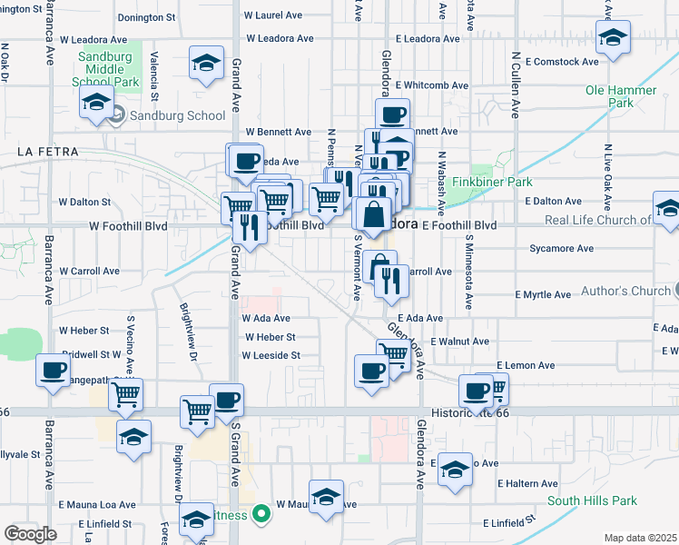 map of restaurants, bars, coffee shops, grocery stores, and more near 205 South Vermont Avenue in Glendora