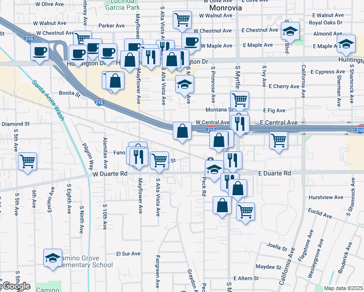 map of restaurants, bars, coffee shops, grocery stores, and more near 1631 South Magnolia Avenue in Monrovia