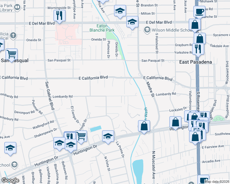 map of restaurants, bars, coffee shops, grocery stores, and more near 3265 Lombardy Road in Pasadena