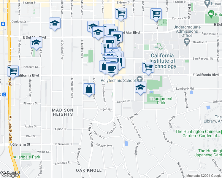 map of restaurants, bars, coffee shops, grocery stores, and more near 677 South Lake Avenue in Pasadena
