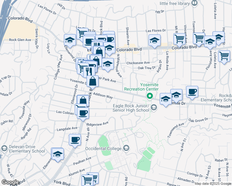 map of restaurants, bars, coffee shops, grocery stores, and more near 2035 Addison Way in Los Angeles