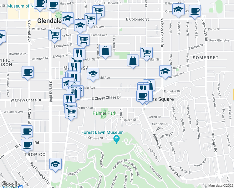 map of restaurants, bars, coffee shops, grocery stores, and more near in Glendale