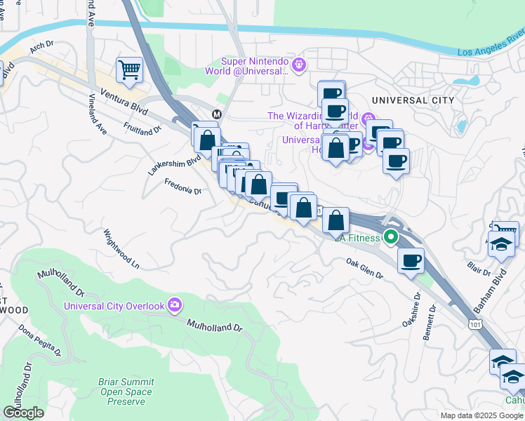 map of restaurants, bars, coffee shops, grocery stores, and more near 3642 Fredonia Drive in Los Angeles