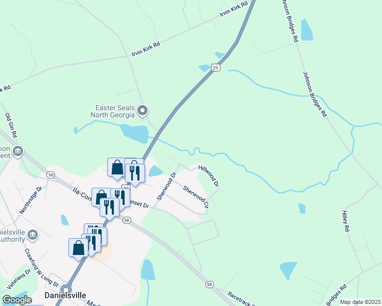map of restaurants, bars, coffee shops, grocery stores, and more near 255 Hillwood Drive in Danielsville