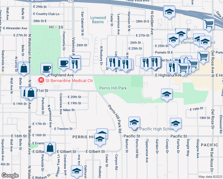 map of restaurants, bars, coffee shops, grocery stores, and more near 1750 Perris Hill Park Road in San Bernardino