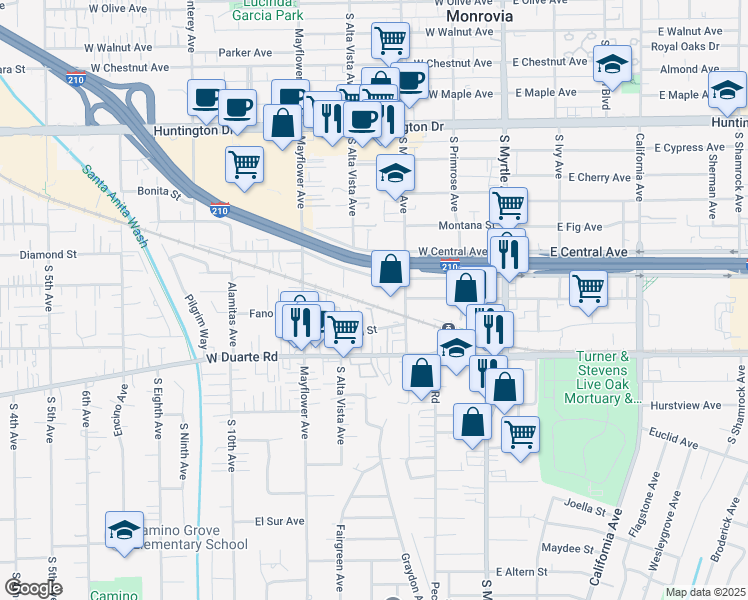 map of restaurants, bars, coffee shops, grocery stores, and more near 1631 South Magnolia Avenue in Monrovia