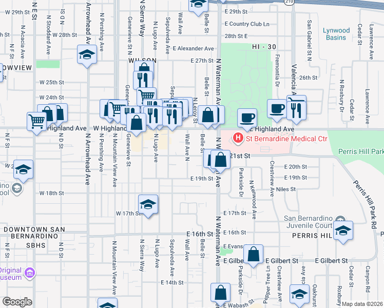 map of restaurants, bars, coffee shops, grocery stores, and more near 246 East 21st Street in San Bernardino