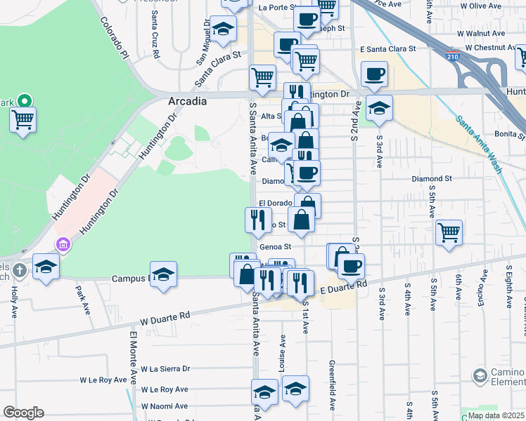 map of restaurants, bars, coffee shops, grocery stores, and more near 14 El Dorado Street in Arcadia
