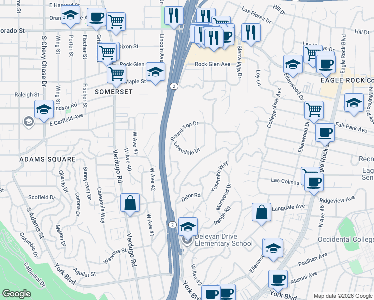 map of restaurants, bars, coffee shops, grocery stores, and more near 2845 Lawndale Drive in Los Angeles