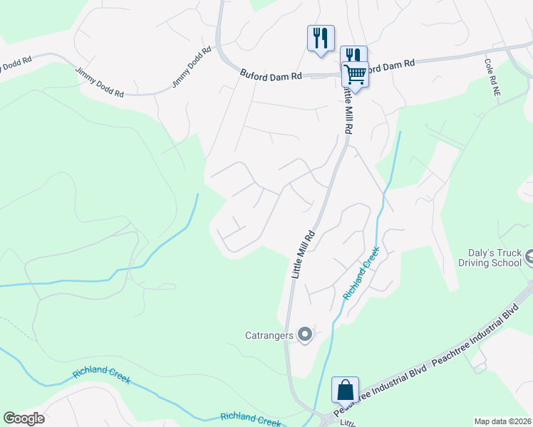 map of restaurants, bars, coffee shops, grocery stores, and more near 1810 Patrick Mill Place Northeast in Buford