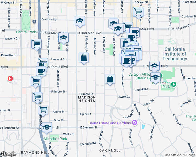 map of restaurants, bars, coffee shops, grocery stores, and more near 676 South Madison Avenue in Pasadena