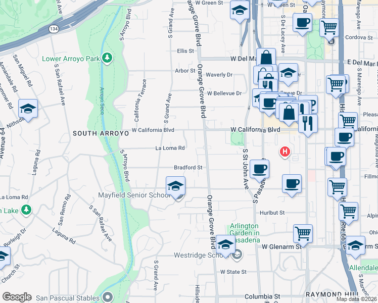 map of restaurants, bars, coffee shops, grocery stores, and more near 490 La Loma Road in Pasadena