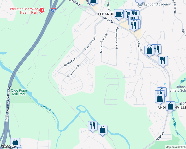 map of restaurants, bars, coffee shops, grocery stores, and more near 634 Georgia Way in Woodstock
