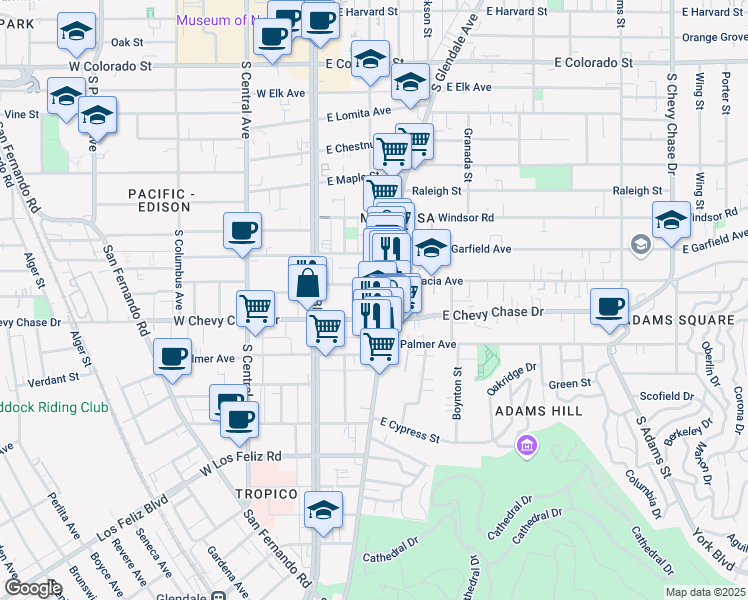 map of restaurants, bars, coffee shops, grocery stores, and more near 222 East Acacia Avenue in Glendale