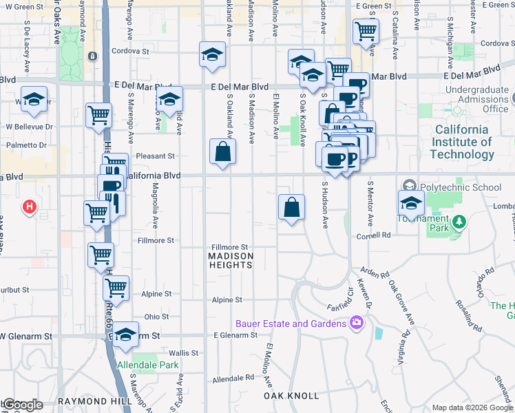 map of restaurants, bars, coffee shops, grocery stores, and more near 676 South Madison Avenue in Pasadena