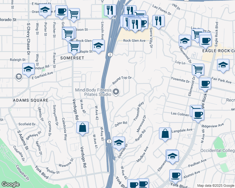 map of restaurants, bars, coffee shops, grocery stores, and more near 2845 Lawndale Drive in Los Angeles