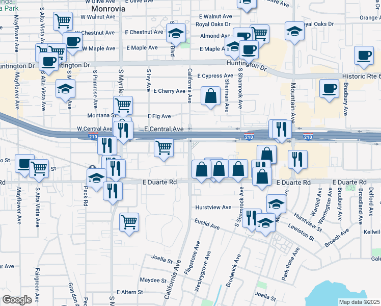 map of restaurants, bars, coffee shops, grocery stores, and more near 1600 South California Avenue in Monrovia