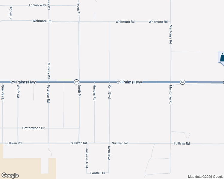 map of restaurants, bars, coffee shops, grocery stores, and more near Kern Boulevard in Twentynine Palms
