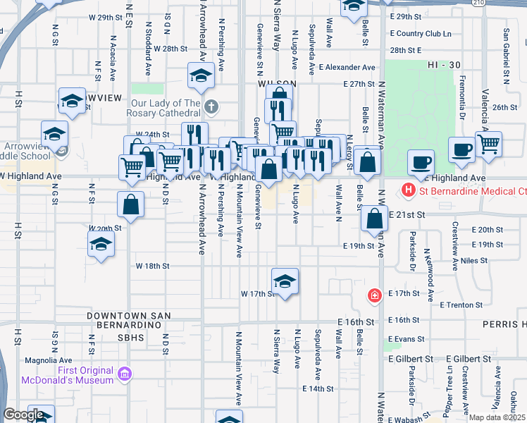 map of restaurants, bars, coffee shops, grocery stores, and more near 2105 Genevieve Street in San Bernardino