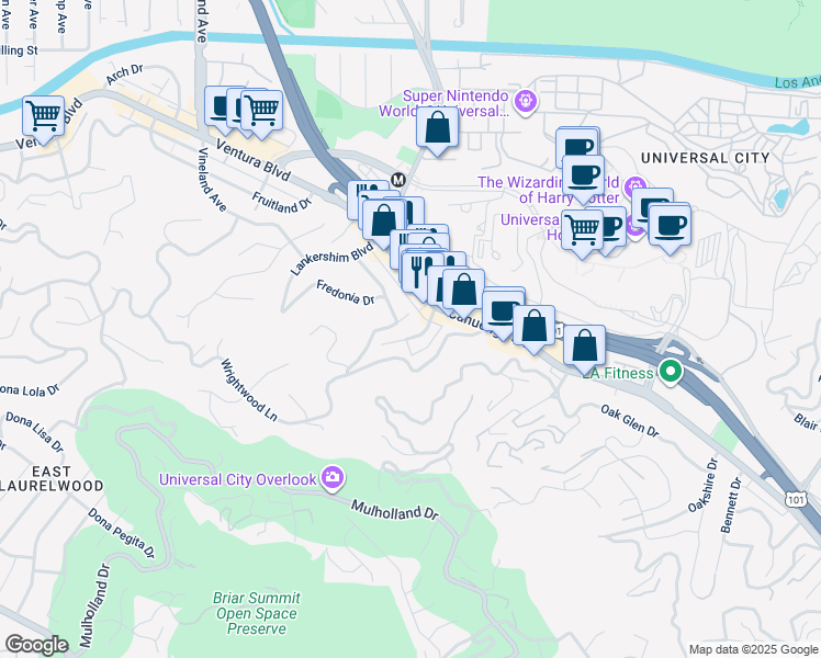 map of restaurants, bars, coffee shops, grocery stores, and more near 3649 Regal Place in Los Angeles