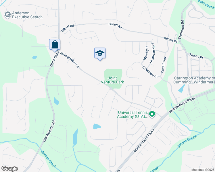 map of restaurants, bars, coffee shops, grocery stores, and more near 3660 Melody Mizer Lane in Cumming