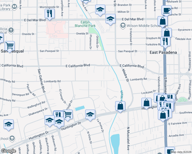 map of restaurants, bars, coffee shops, grocery stores, and more near 3265 Lombardy Road in Pasadena