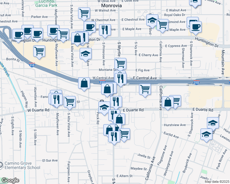 map of restaurants, bars, coffee shops, grocery stores, and more near 127 West Pomona Avenue in Monrovia
