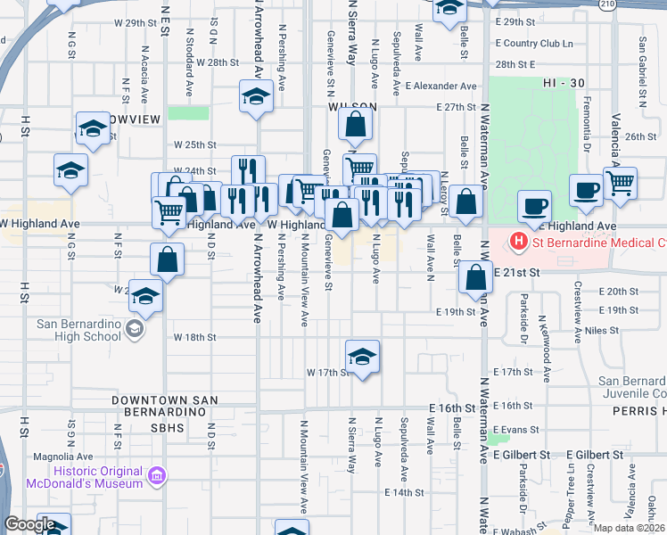 map of restaurants, bars, coffee shops, grocery stores, and more near 2105 Genevieve Street in San Bernardino