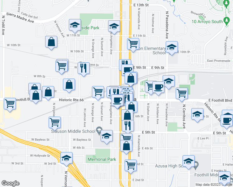 map of restaurants, bars, coffee shops, grocery stores, and more near 212 Oakview Drive in Azusa