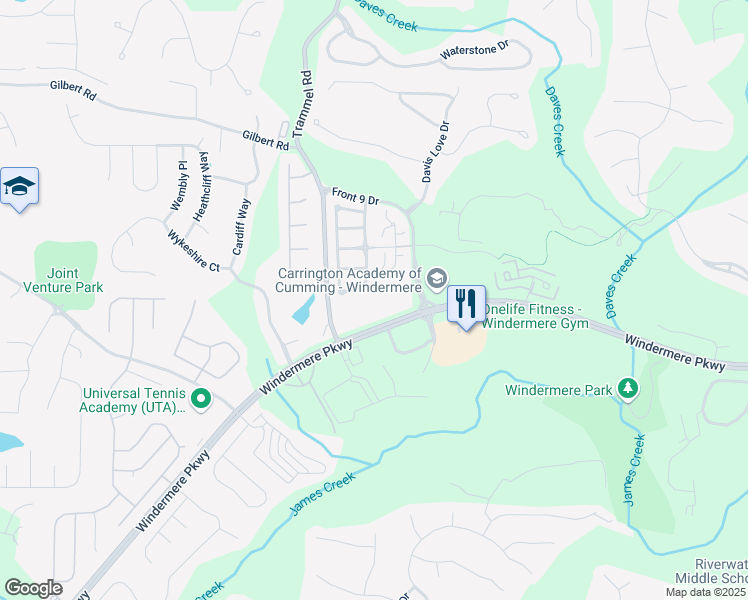 map of restaurants, bars, coffee shops, grocery stores, and more near 3840 Windermere Parkway in Cumming