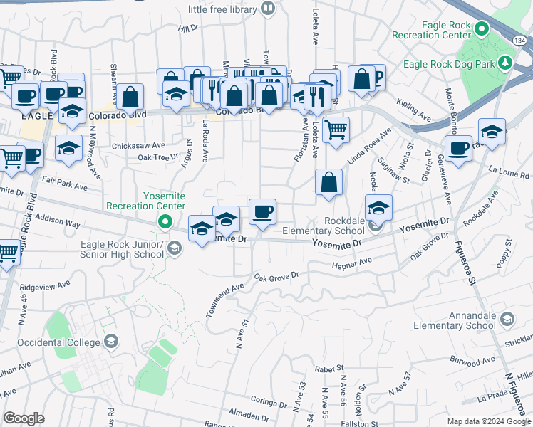 map of restaurants, bars, coffee shops, grocery stores, and more near 4840 Townsend Avenue in Los Angeles
