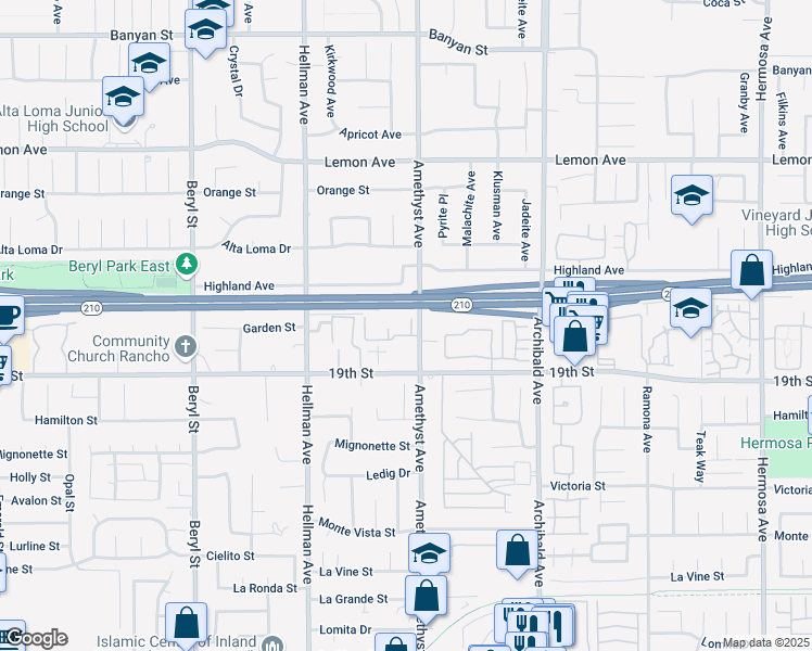 map of restaurants, bars, coffee shops, grocery stores, and more near 6618 Amethyst Avenue in Rancho Cucamonga