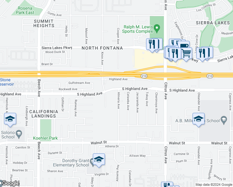 map of restaurants, bars, coffee shops, grocery stores, and more near 6590 Almeria Avenue in Fontana