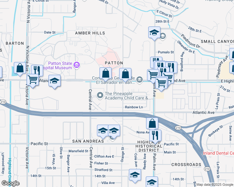 map of restaurants, bars, coffee shops, grocery stores, and more near 2123 La Verne Avenue in Highland