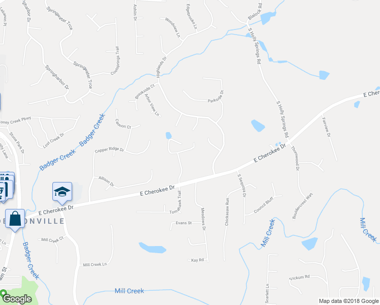 map of restaurants, bars, coffee shops, grocery stores, and more near 221 Highland Village Lane in Woodstock