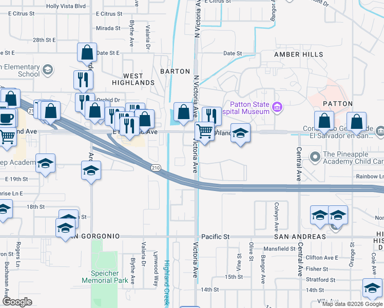 map of restaurants, bars, coffee shops, grocery stores, and more near 6584 Victoria Avenue in Highland