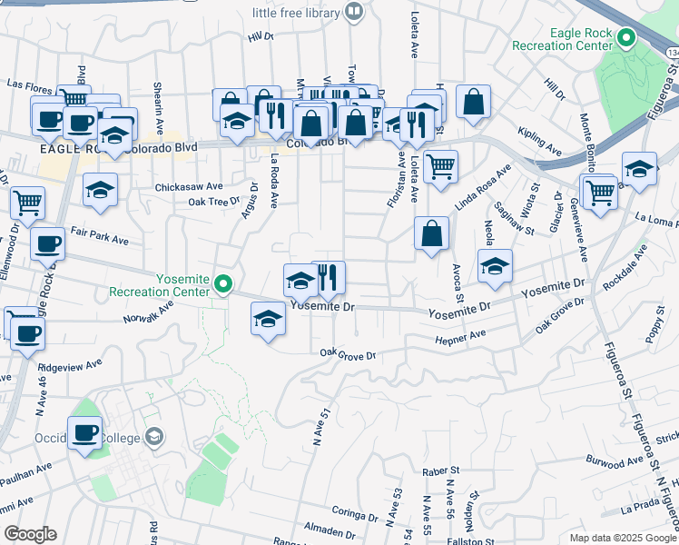 map of restaurants, bars, coffee shops, grocery stores, and more near 1597 Fair Park Avenue in Los Angeles