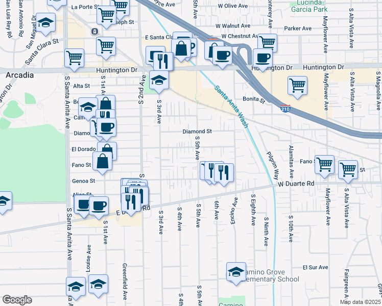 map of restaurants, bars, coffee shops, grocery stores, and more near 517 Fifth Avenue in Arcadia