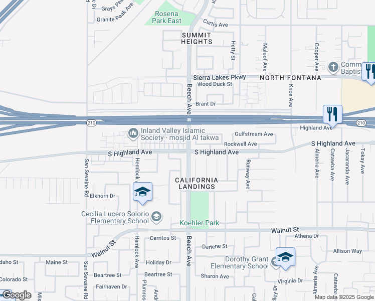 map of restaurants, bars, coffee shops, grocery stores, and more near Beech Ave & S Highland Ave in Fontana