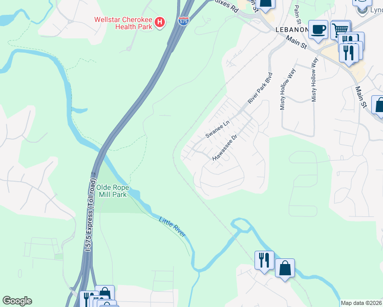 map of restaurants, bars, coffee shops, grocery stores, and more near 371 Hiawassee Drive in Woodstock