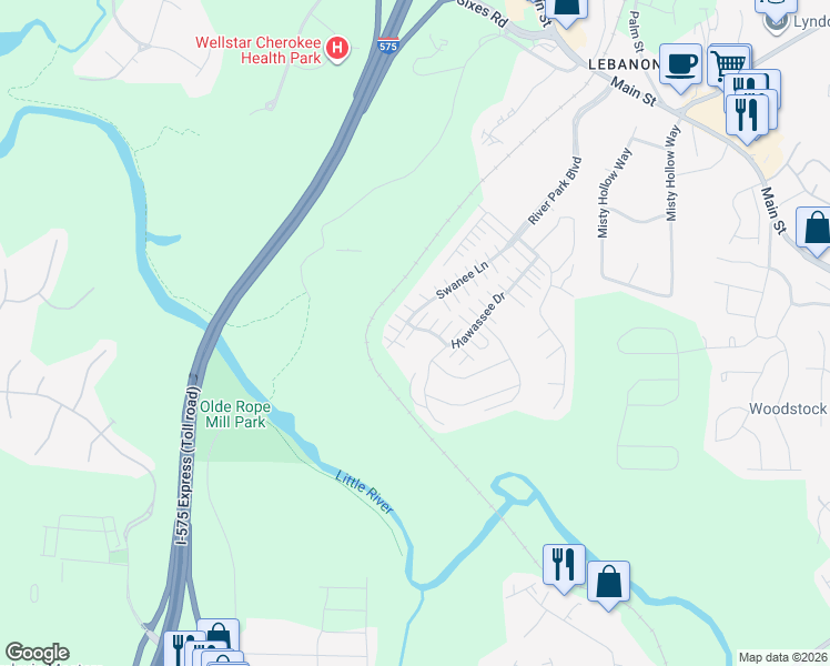 map of restaurants, bars, coffee shops, grocery stores, and more near 201 Swanee Lane in Woodstock