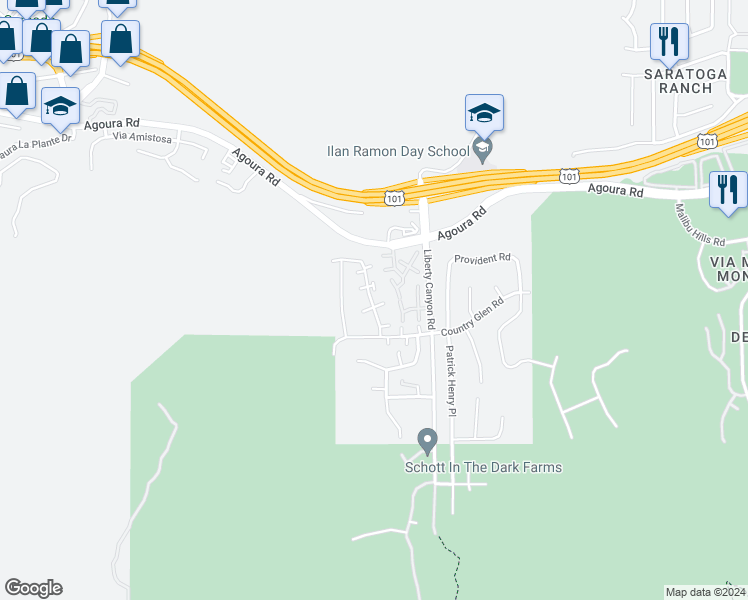 map of restaurants, bars, coffee shops, grocery stores, and more near 4076 Yankee Drive in Agoura Hills