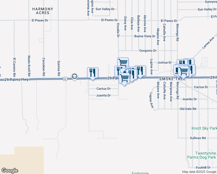 map of restaurants, bars, coffee shops, grocery stores, and more near 71634 Cactus Drive in Twentynine Palms