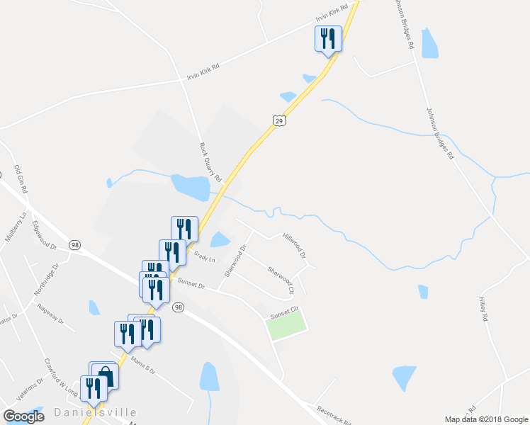 map of restaurants, bars, coffee shops, grocery stores, and more near 255 Hillwood Drive in Danielsville