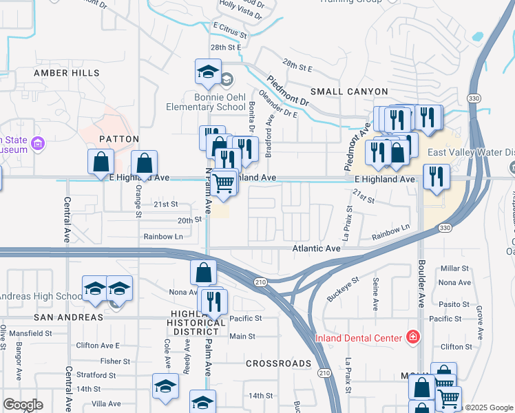 map of restaurants, bars, coffee shops, grocery stores, and more near 3850 Atlantic Avenue in Highland