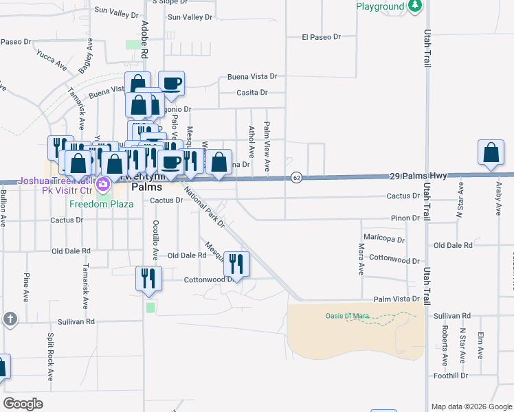 map of restaurants, bars, coffee shops, grocery stores, and more near 74029 Cactus Drive in Twentynine Palms