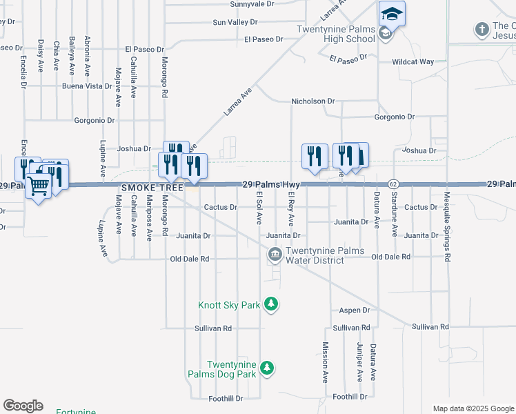 map of restaurants, bars, coffee shops, grocery stores, and more near 6571 El Sol Avenue in Twentynine Palms