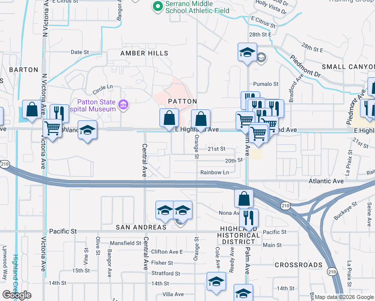 map of restaurants, bars, coffee shops, grocery stores, and more near 2116 La Verne Avenue in Highland