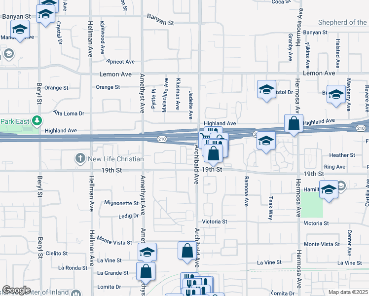 map of restaurants, bars, coffee shops, grocery stores, and more near 9686 Beacon Pointe Drive in Rancho Cucamonga